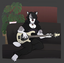 anthro arm_hair band_merch band_shirt barefoot bass_guitar black_hair body_hair bottomwear chest_hair clothing denim denim_bottomwear denim_clothing ear_piercing ear_ring eyebrow_piercing facial_hair facial_piercing feet fur furniture grey_body grey_fur guitar hair hair_over_eye half-closed_eyes house_plant jeans jewelry long_hair male muscle_tone muscular muscular_anthro muscular_male musical_instrument narrowed_eyes necklace on_sofa one_eye_obstructed pants pecs piercing plucked_string_instrument ring_piercing shirt sideburns simple_background sitting sitting_on_sofa sofa solo string_instrument t-shirt topwear white_body white_fur cadaverrdog electric_wizard gio_(cadaverrdog) canid canine canis hybrid mammal wolfdog hi_res