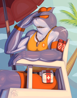 anthro belt chair clock clothing cloud eyewear furniture grey_body hat headgear headwear lifeguard male palm_tree parasol plant shirt solo sunglasses swimming_trunks swimwear tank_top topwear tree umbrella watch whistle_around_neck sacrificabominat epic_games fortnite safety_first_steve_(fortnite) aquatic fish shark absurd_res hi_res