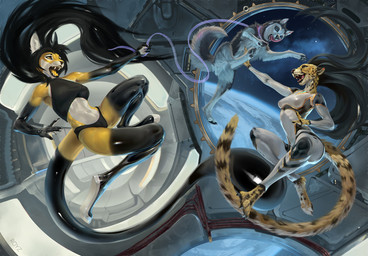 anthro clothing female female/female feral flying group latex science_fiction space station suit trio conditional_dnp royz alyx_(latex) canid canine canis cheetah domestic_cat domestic_dog felid feline felis husky hybrid lynx mammal nordic_sled_dog spitz wolf 2025 hi_res