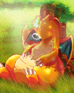 ambiguous_gender anthro belly big_belly blush blush_lines bodily_fluids closed_smile detailed_background eyes_closed forest grass grass_field leaf light membrane_(anatomy) membranous_wings mouth_closed orange_body orange_tail plant shadow sitting sleeping slightly_chubby slightly_chubby_anthro smile snot solo tail thick_thighs tree wings felipotyphlosion mythology nintendo pokemon dragon dragonite generation_1_pokemon mythological_creature mythological_scalie pokemon_(species) scalie absurd_res hi_res lighting