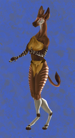 anthro brown_body clothed clothing ear_piercing female hooves horn long_neck multicolored_body ossicone piercing solo striped_body stripes two_tone_body white_body stickman_(artist) monica_(maneframe) giraffid mammal okapi 2017 hi_res