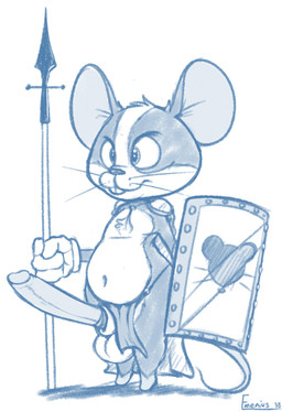 anthro armor balls big_penis buckteeth cape clothing erection fur genitals long_penis male melee_weapon navel pauldron penis polearm shield simple_background slightly_chubby solo spear standing teeth thick_thighs weapon whiskers emenius mammal mouse murid murine rodent digital_drawing_(artwork) digital_media_(artwork) hi_res monochrome