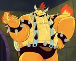 black_clothing black_underwear bracelet clothing collar eyebrows fire hair harness horn jewelry male musclegut muscular muscular_male red_eyebrows red_hair shell solo spiked_bracelet spiked_clothing spiked_collar spikes torch turtle_shell underwear yellow_body jasperthecrab mario_bros nintendo bowser koopa scalie hi_res