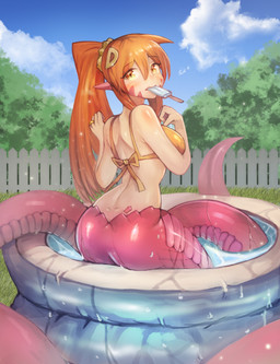 amber_eyes apode back-tie_bikini bikini bikini_top breasts butt clothing cloud dessert female fence food food_in_mouth grass hair humanoid_pointy_ears ice_cream kiddie_pool legless looking_back monster_girl_(genre) non-mammal_breasts orange_bikini orange_clothing orange_eyes orange_hair orange_swimwear outside plant pointy_ears ponytail popsicle rear_view ring serpentine solo split_form swimwear two-piece_swimsuit water sookmo monster_musume miia_(monster_musume) draconcopode lamia reptile scalie snake 2017 absurd_res hi_res