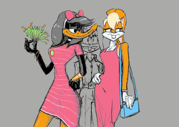 accessory anthro bag black_body bow_ribbon bracelet clothing dress female fur gold_(metal) gold_bracelet gold_jewelry grin group hair_accessory hair_bow hair_ribbon hand_on_pelvis jewelry looking_at_another male money orange_body orange_fur pendant pink_clothing pink_dress ribbons smile trio arbtttrn6 looney_tunes warner_brothers bugs_bunny daffy_duck lola_bunny anatid anseriform avian bird duck lagomorph leporid mammal rabbit 2026 hi_res sketch