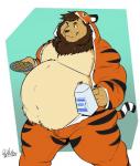 anthro belly beverage big_belly clothed clothing cookie food fur holding_beverage holding_food holding_object kigurumi male mane milk moobs navel obese obese_anthro obese_male onesie overweight overweight_anthro overweight_male plate smile solo stripes tan_body tan_fur walking whiskers deadanthro felid lion mammal pantherine