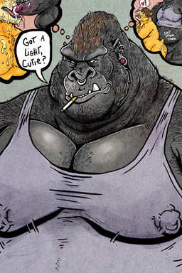 anal anal_penetration anthro anthro_on_anthro big_muscles big_pecs bodily_fluids bottomwear bottomwear_down cigarette clothed clothing cum dialogue dominant duo ear_piercing erection facial_piercing fellatio genital_fluids genitals heart_symbol humanoid_genitalia humanoid_penis larger_dom male male/male male_penetrated male_penetrating male_penetrating_male muscular muscular_male nipple_piercing nipples nose_piercing nude oral pants pants_down partially_clothed pecs penetration penile penis piercing sex shirt size_difference slightly_chubby smaller_penetrated smoking sound_effects speech_bubble tank_top text thought_bubble topwear dramamine ape bear gorilla haplorhine mammal primate english_text hi_res