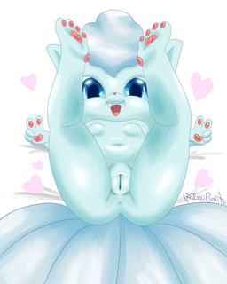anthro anus barefoot bed bedroom feet female fluffy fluffy_tail fur furniture genitals gesture hand_gesture hindpaw kemono legs_up loli looking_at_viewer navel nude open_mouth open_smile pawpads paws pokemorph presenting presenting_vulva raised_leg smile solo spread_legs spreading tail v_sign vulva white_body white_fur young young_female izzipurrito nintendo pokemon alolan_form alolan_vulpix generation_7_pokemon pokemon_(species) regional_form_(pokemon) 4:5 absurd_res hi_res