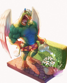 abs anthro beak biceps big_muscles boxers_(clothing) clothed clothing dipstick_ears ear_markings eyes_closed feathered_wings feathers feet half_naked male multicolored_ears muscular muscular_anthro muscular_male nipples open_mouth pecs scratching simple_background skimpy solo standing talons teeth toes tongue toothed_beak topless underwear watering_can white_background wings yawn piti_yindee mythology avian gryphon mythological_avian mythological_creature 2015 4:5 absurd_res hi_res