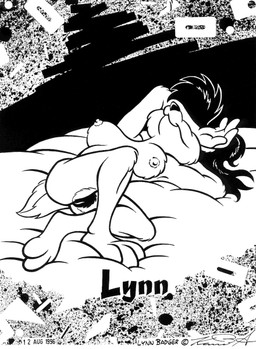 3_toes abstract_background anthro areola bed breasts copyright_symbol covering covering_face feet female fluffy fluffy_breasts furniture hair hand_behind_head long_hair lying nipples nude on_back pubes short_tail smile solo symbol tail toes karri_aronen lynn_badger badger mammal mustelid musteline 1996 dated monochrome signature