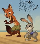 anthro beach clothing duo female fur grey_body grey_fur male male/female one-piece_swimsuit red_body red_fur sport swimming_trunks swimwear thick_thighs volleyball wide_hips kindacarrot disney zootopia judy_hopps nick_wilde canid canine fox lagomorph leporid mammal rabbit red_fox true_fox absurd_res hi_res