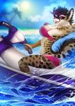 5_fingers anthro breasts day detailed_background ear_piercing female fingers fur jetski markings nipple_outline open_mouth outside piercing pink_eyes pose sky smile solo spots spotted_body spotted_fur teeth tongue vehicle water adorableinall nitricacid alyxis felid feline mammal 2018 digital_media_(artwork) hi_res pinup