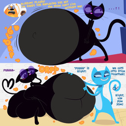 abdominal_bulge after_vore ambiguous_gender anthro before_and_after belly big_belly big_butt black_body blue_body blush butt digestion duo eyewear fatal_vore female female_prey floating_eyebrows glasses glorp hand_on_another's_belly hand_on_belly hand_on_own_belly huge_belly huge_butt hyper hyper_belly hyper_butt male male_prey navel obese open_mouth orange_body outie_navel overweight rumbling_stomach smile soft_vore standing tail teeth text unwilling_prey vore weight_gain afraart fetch!_with_ruff_ruffman pbs blossom_(fetch_with_ruff_ruffman) lupine_(fetch_with_ruff_ruffman) ruff_ruffman canid canine canis domestic_cat domestic_dog felid feline felis mammal 1:1 2026 absurd_res comic english_text hi_res signature female_(lore)
