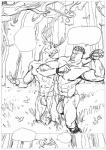 anthro antlers black_and_white bulge canid canine canis clothed clothing comic deer dialogue dog_worker_(furronika) domestic_dog duo empty_speech_bubble forest furronika grass headgear headwear horn male mammal monochrome muscular muscular_male outside plant skimpy speech_bubble standing topless tree wrist_grab