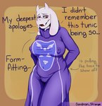 anthro blush breasts camel_toe clothed clothing dialogue dress erect_nipples female form_fitting fur genital_outline genitals horn lies navel nipple_outline nipples pussy pussy_outline red_eyes solo text thick_thighs tight_clothing tight_dress white_body white_fur sandman_strange undertale_(series) toriel bovid caprine goat mammal absurd_res artist_name digital_media_(artwork) english_text hi_res