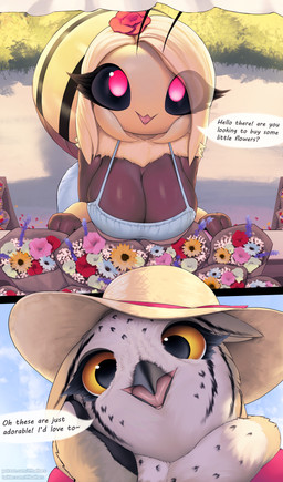 beak big_breasts breasts cleavage clothed clothing curvy_figure dialogue dress duo female flower greeting hat headgear headwear huge_breasts mandibles open_mouth paws pink_eyes plant rose_(flower) text thousandfoldfeathers dungeons_and_dragons hasbro wizards_of_the_coast blossom_(thousandfoldfeathers) holly_(thousandfoldfeathers) arthropod avian bee bird hymenopteran insect owl owlbear 2025 english_text hi_res