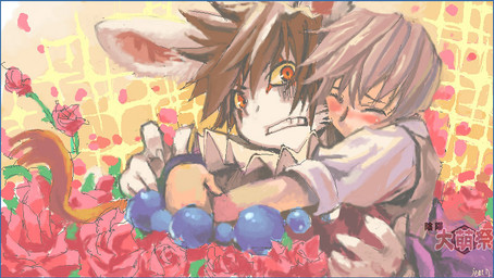 anthro beads blush bodypaint brown_hair face_paint hair hug hugging_another hugging_from_behind male male/male petals red_eyes rose_petals surprised yikes jeacn onmyou_taisenki human lagomorph leporid mammal rabbit