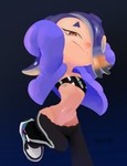 bandeau bottomwear bottomwear_down breasts clothed clothing female flat_chested genitals hair hair_over_eye hands_behind_head nipples one_breast_out pants pants_down partially_clothed pseudo_hair pussy pussy_peek solo tentacle_hair tentacles topwear hexanne nintendo splatoon shiver_(splatoon) animal_humanoid cephalopod cephalopod_humanoid humanoid marine marine_humanoid mollusk mollusk_humanoid octarian octoling 2024 absurd_res hi_res