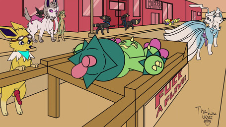 animal_genitalia animal_penis animal_vulva anthro balls blush bodily_fluids building cactus canine_genitalia canine_penis canine_vulva clothing erection female female_penetrated feral freckled_face freckles fur genital_fluids genitals group hair herm intersex male male/female male_penetrating male_penetrating_female open_mouth outside penetration penile penis plant public sex sky smile tail text trio vaginal vaginal_penetration vulva white_body yellow_body yellow_fur the_line_goat nintendo pokemon cactus_creature canid canine eeveelution elemental_creature espeon flora_fauna generation_1_pokemon generation_2_pokemon generation_5_pokemon generation_6_pokemon generation_7_pokemon jolteon lycanroc mammal maractus midnight_lycanroc ninetales pokemon_(species) sylveon umbreon 16:9 animated digital_media_(artwork) hi_res no_sound short_playtime webm widescreen