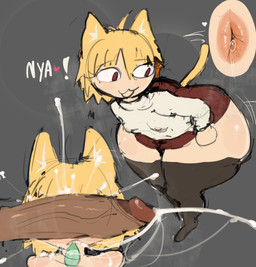 :3 anal_fluids anus bent_over big_butt big_penis blonde_hair bodily_fluids bottomwear breasts butt clothing condom condom_in_mouth cum dark_body dark_penis dark_skin ejaculation filled_condom genital_fluids genitals grey_background hair heart_symbol huge_butt huge_thighs humanoid_genitalia humanoid_penis legwear light_body light_skin long_sleeves long_tail mouth_hold nipple_outline object_in_mouth penis penis_on_face red_bottomwear red_clothing red_eyes red_skirt sexual_barrier_device shirt short_hair simple_background skirt small_breasts tail text thick_thighs thigh_highs topwear vein veiny_penis white_clothing white_inner_ear white_shirt white_topwear yellow_ears yellow_tail qwpeowqpe tsukihime type-moon neco-arc animal_humanoid cat_humanoid felid felid_humanoid feline feline_humanoid humanoid mammal mammal_humanoid absurd_res english_text hi_res