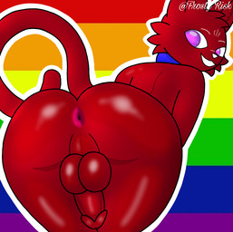 anthro anus backsack balls blue_collar collar fur genitals glistening glistening_body lgbt_pride male male/male outline penis presenting presenting_anus pride_colors purple_eyes red_body red_fur simple_background smile solo thick_thighs white_outline frosty_risk lgbt_pride_month riley_augestine(bruce_bronze) domestic_cat felid feline felis mammal