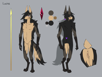 andromorph anthro anus black_body black_fur brown_body brown_fur butt color_swatch front_view fur gem genitals hair intersex long_hair melee_weapon multicolored_body multicolored_fur nude nude_andromorph nude_anthro polearm purple_eyes rear_view simple_background solo spear staff tail tan_body tan_fur tuft vulva weapon topazknight lucas_(topazknight) canid canine canis jackal mammal absurd_res digital_media_(artwork) hi_res model_sheet multiple_images andromorph_(lore)