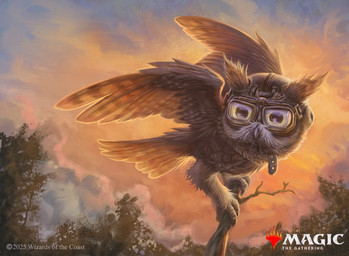 ambiguous_gender beak branch brown_body brown_feathers clothing cloud day eyewear feathers feet feral goggles hat headgear headwear looking_down on_branch outside plant solo standing tail talons text toes tree josiahcameron hasbro magic:_the_gathering wizards_of_the_coast avian bird owl english_text hi_res official_art