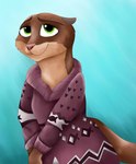 anthro clothed clothing crossed_arms dress female fur green_eyes looking_at_viewer multicolored_body multicolored_fur simple_background smile solo two_tone_body two_tone_fur whiskers marcushunter disney zootopia mrs._otterton lontra mammal mustelid north_american_river_otter otter river_otter 2016 half-length_portrait hi_res portrait