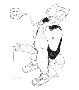 anthro backpack biped blush bodily_fluids clothing dialogue erection exclamation_point exhibitionism footwear foreskin genital_fluids genitals glans humanoid_genitalia humanoid_penis looking_at_viewer male mostly_nude open_mouth open_smile penis precum shoes smile solo speech_bubble tail text bebebebebe chameleon lizard reptile scalie hi_res