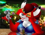 alcohol anthro bar beverage black_nose blue_eyes breasts cleavage clothed clothing dipstick_ears ear_markings female fur green_eyes grey_body grey_fur group hair inside multicolored_ears navel nipple_outline offering_flower offering_flowers photo_background red_body red_fur red_hair solo_focus tail teeth kittfoxx robin_(silkysworld) canid canine fox mammal mouse murid murine rodent 2003 photography_(artwork)