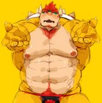 2_horns abs anthro armpit_hair barazoku beard big_muscles blush body_hair bowser_logo bowser_logo_thong chest_hair clothing eyebrows facial_hair gesture hair happy_trail horn looking_at_viewer male muscular muscular_anthro muscular_male navel nipples open_mouth pecs pubes red_hair shell simple_background solo spiked_shell spikes spikes_(anatomy) thick_eyebrows thong underwear yellow_background yellow_body tora_gy mario_bros nintendo pogchamp ugh_fine_i_guess_you_are_my_little_pogchamp bowser koopa scalie 2020 hi_res meme