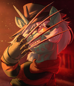 amber_eyes blade clothing fedora female feral hat headgear headwear horn pattern_clothing smile solo striped_clothing stripes witchtaunter friendship_is_magic hasbro my_little_pony mythology nightmare_on_elm_street freddy_krueger lyra_heartstrings_(mlp) equid equine mammal mythological_creature mythological_equine unicorn absurd_res hi_res