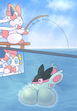 >.< ambiguous_gender between_breasts big_breasts bodily_fluids breasts busty_feral docks duo exclamation_point female feral fish_hook fishing fishing_rod hook huge_breasts sea shocked smug struggling surprised sweat sweatdrop two_panel_image water nanabsylve nintendo pokemon eeveelution finneon generation_4_pokemon generation_6_pokemon pokemon_(species) sylveon comic hi_res