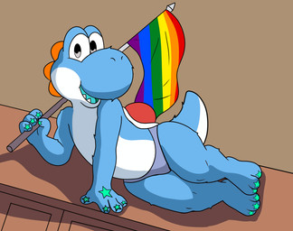 clothing femboy flag fur grey_eyes happy lgbt_pride male panties pose pride_colors rainbow_flag rainbow_pride_flag rainbow_symbol shell smile solo suggestive_pose underwear dinim mario_bros nintendo frotz_(yoshi) cyan_yoshi dinosaur prehistoric_species reptile scalie yoshi absurd_res hi_res
