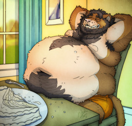 anthro beard belly big_belly bloated cake chair dessert facial_hair food furniture hands_behind_head huge_belly male moobs obese obese_male overweight overweight_male plate sitting solo weight_gain lukoi felid lion mammal pantherine hi_res