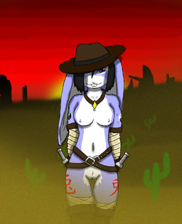anthro bandage belt biped blue_eyes boots breasts cactus clothing dagger female footwear hat headgear headwear japanese jewelry looking_at_viewer melee_weapon mostly_nude necklace nipples plant shoes solo standing weapon western wild_west deltaru usagi_shira lagomorph leporid mammal rabbit hi_res