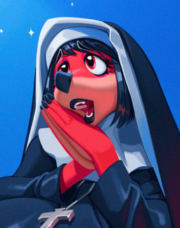anthro black_hair black_lipstick blue_background clothing cross cross_necklace female hair jewelry lipstick makeup necklace nun_habit nun_outfit open_mouth religious_clothing short_hair simple_background solo crackiepipe ruby_(crackiepipe) canid canine fox mammal 2023