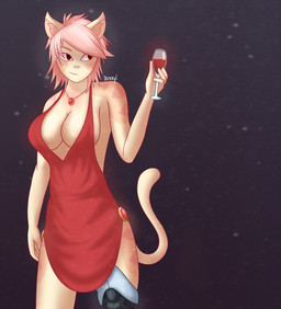 alcohol amputee anthro beverage big_breasts breasts cleavage clothed clothing disability dress female hair jewelry pink_hair prosthetic red_eyes short_hair skimpy smile solo standing wine doxxyl capri_(doxxyl) domestic_cat felid feline felis mammal 2017 absurd_res hi_res