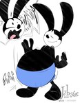 anthro black_body black_fur blue_bottomwear blue_clothing blue_pants bottomwear bounce burping clothing fur male male_anthro overweight overweight_anthro overweight_male pants simple_background solo sound_effects text toony white_background jerberjer disney oswald_the_lucky_rabbit lagomorph leporid mammal rabbit 2024 artist_name dated digital_drawing_(artwork) digital_media_(artwork) english_text flat_colors