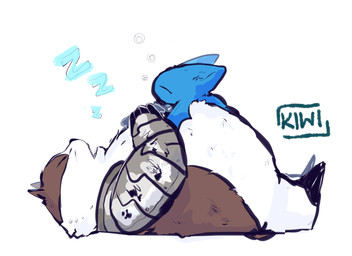 anthro belly blue_body blue_fur chibi cybernetics duo female fur machine male overweight overweight_male sleeping sound_effects vowelless vowelless_sound_effect zzz kiw_ii cartoon_network mao_mao:_heroes_of_pure_heart adorabat badgerclops badger bat cyborg mammal mustelid musteline hi_res
