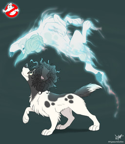 curly_hair duo eyewear female female/female feral glasses green_background hair simple_background smile nyaasu ghostbusters ghostbusters:frozen_empire melody_(ghostbusters) phoebe_spengler canid canine canis domestic_dog ghost mammal spirit absurd_res hi_res