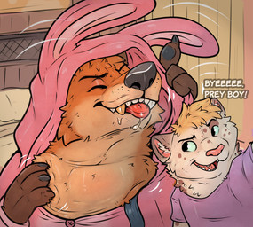 anthro bed bedroom blonde_hair blue_eyes bodily_fluids bunny_costume claws clothing collar costume cuck_vore dialogue duo eyes_closed forced fur furniture gold_(metal) gold_tooth hair inside larger_pred male male/male neck_bulge open_collar oral_vore orange_body orange_fur pink_bunny_costume saliva size_difference smile teeth tongue unwilling_prey vore willing_pred baileyx rabbitseason_(amadose) canid canine domestic_cat felid feline felis fox mammal colored hi_res