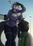 ambiguous_gender anthro big_breasts blue_clothing blue_sweater blue_topwear breasts cleavage clothed clothing duo female sweater topwear toughset shaze canid canine canis mammal scalie wolf hi_res