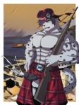 anthro balls barazoku bodily_fluids bottomwear clothing cum genital_fluids genitals glengarry_cap gun kemono kilt male muscular muscular_anthro muscular_male nude penis ranged_weapon rifle scottish_clan_badge solo weapon vitaly4321 alex_magenta felid mammal pantherine snow_leopard hi_res