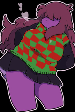 anthro big_breasts black_background bottomwear breasts brown_hair checkered checkered_clothing checkered_sweater checkered_topwear clothing female freckled_face freckles hair hair_over_eyes heart_symbol pattern_clothing pattern_sweater pattern_topwear purple_body simple_background skirt solo sweater thick_thighs topwear underchikichan deltarune undertale_(series) noelle_holiday susie_(deltarune) lightner scalie hi_res