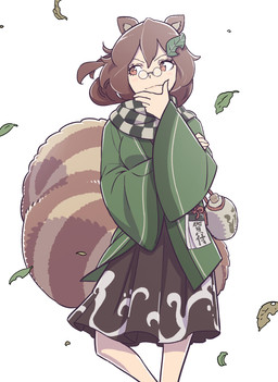 asian_clothing black_bottomwear black_clothing black_scarf black_skirt bottle bottomwear brown_eyes brown_hair brown_tail checkered checkered_clothing checkered_scarf clothed clothed_female clothed_humanoid clothing container east_asian_clothing eyewear female glasses green_clothing green_kimono hair hand_on_chin japanese_clothing kimono leaf looking_aside markings multicolored_scarf pattern_clothing pattern_scarf pince-nez ring_(marking) ringed_tail sake_bottle scarf simple_background skirt solo striped_markings striped_tail stripes tail tail_markings two_tone_scarf wearing_glasses white_background white_scarf wide_sleeves kawayabug touhou mamizou_futatsuiwa animal_humanoid canid canid_humanoid canine canine_humanoid humanoid mammal mammal_humanoid tanuki_humanoid 2019 hi_res