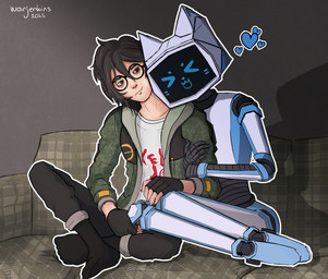arms_around_partner black_bottomwear black_clothing black_hair black_hairband black_pants bottomwear clothing crossed_legs cuddling duo eyewear female fingerless_gloves footwear furniture glasses gloves hair hand_on_knee hand_on_leg hand_on_partner's_leg handwear happy holding_arm hugging_arm jacket machine male male/female pants screen screen_face shirt sitting smile socks sofa topwear white_body white_clothing white_shirt white_topwear warjenkins voices_of_the_void dr._kel kerfur_omega_(votv) human humanoid mammal robot absurd_res hi_res signature