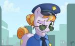 clothed clothing cutie_mark eyewear female feral green_eyes hair hat headgear headwear looking_at_viewer multicolored_hair one_eye_closed outside police police_uniform sky solo sunglasses two_tone_hair uniform sarmateppou friendship_is_magic hasbro my_little_pony copper_top_(mlp) earth_pony equid equine horse mammal pony 2016