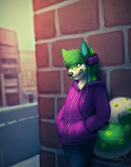 anthro biped black_nose blurred_background clothed clothing electronics fur glistening glistening_eyes glistening_nose green_body green_fur green_hair grin hair hands_in_both_pockets headgear headphones headset jacket looking_aside male markings purple_clothing purple_eyes purple_jacket purple_topwear short_hair smile solo spots spotted_body spotted_fur standing text three-quarter_view topwear urban yellow_body yellow_fur mylafox canid canine canis domestic_dog husky mammal nordic_sled_dog spitz 2017 dated hi_res portrait signature three-quarter_portrait url