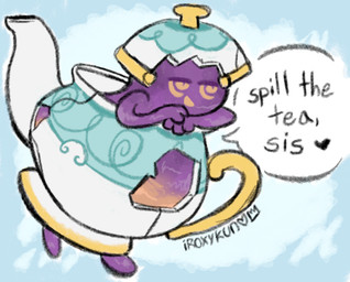 ambiguous_gender dialogue food half-closed_eyes heart_symbol humor narrowed_eyes not_furry open_mouth possession simple_background solo speech_bubble text conditional_dnp ikitsunyan nintendo pokemon animate_inanimate food_creature generation_8_pokemon ghost pokemon_(species) polteageist spirit 2019 digital_media_(artwork) english_text signature